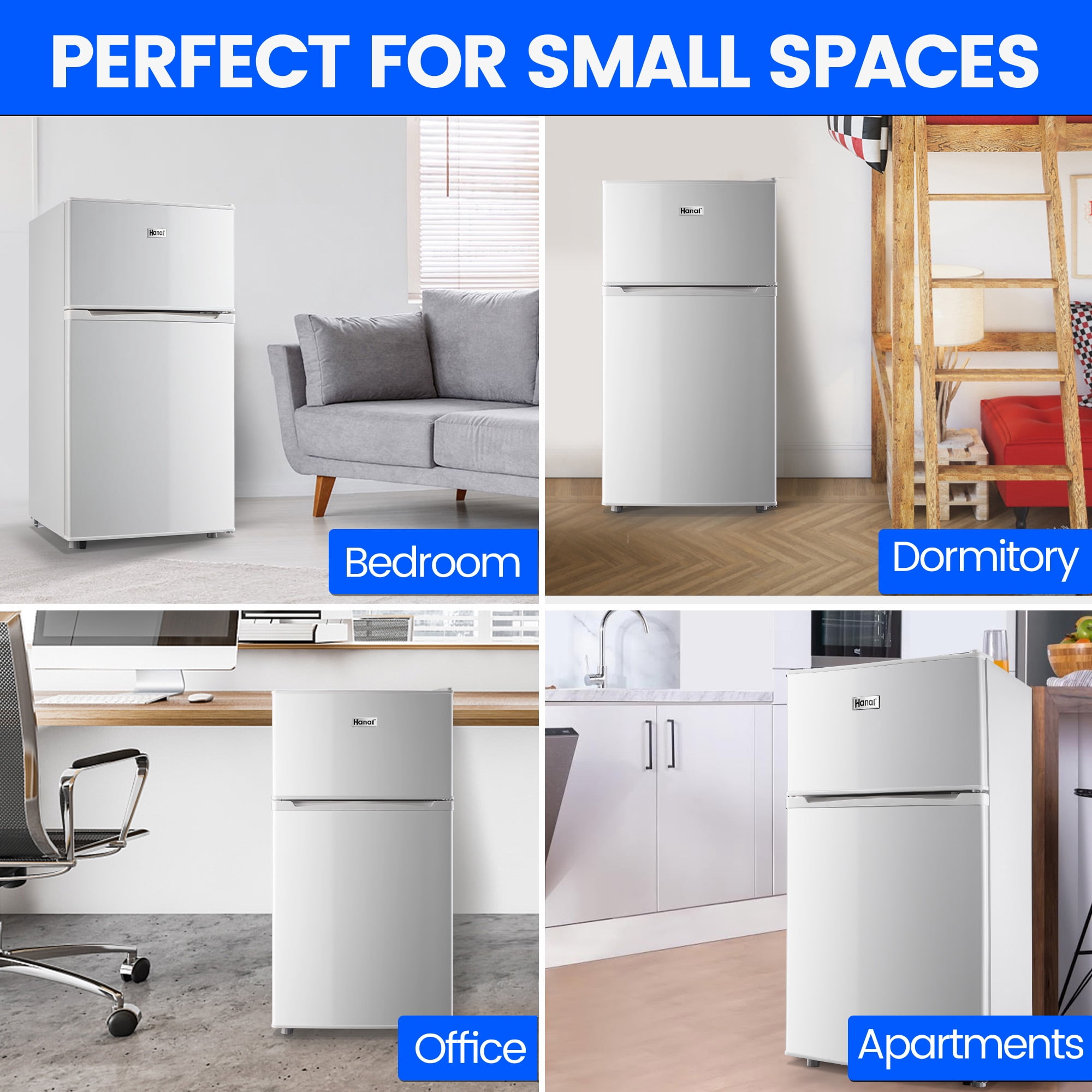 WANAI 3.5 Cu ft Two Door Mini Refrigerator,2 in 1 Mini Fridge with Freezer, 7-Level Temperature Adjustment,with  LED lights,White,for  Dorm/bedroom/office/apartment