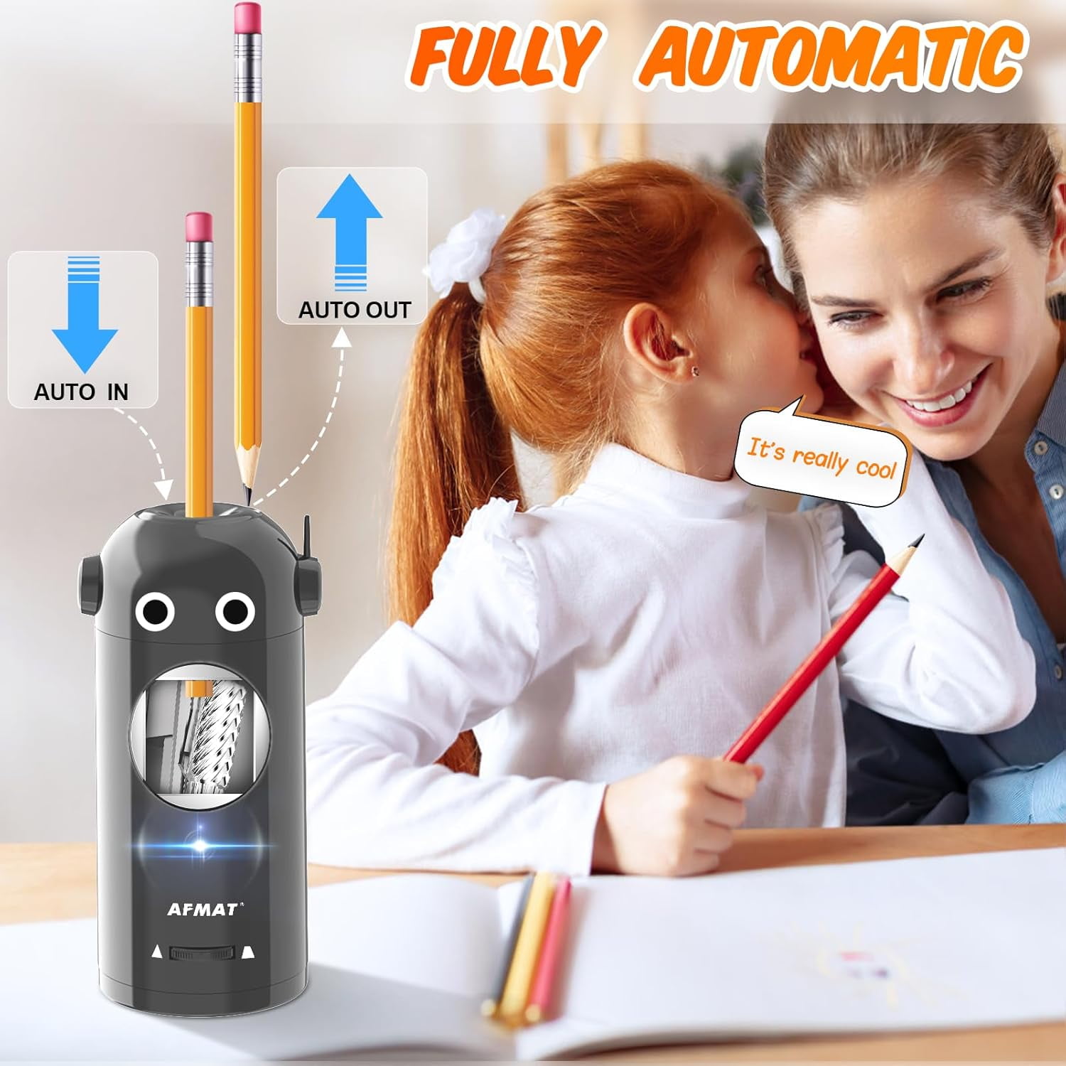 Electric Pencil Sharpener for Colored Pencils 7-11.5mm, Fully Automatic Robot Pencil Sharpener, Auto in & Out, Rechargeable Hands-Free for Classroom/Home/Office, Battery Operated, PSX5RB, Gray