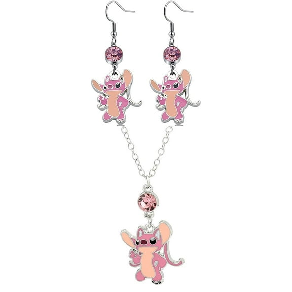 Lilo And Stitch Angel W/ Pink Stone Pendant Necklace And Earrings Set