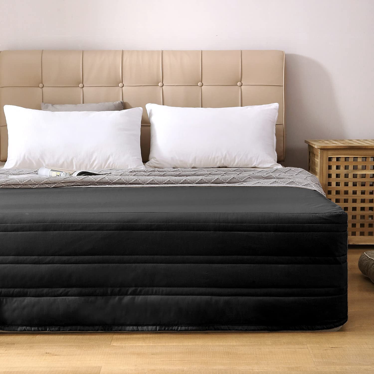 Cotton Blended Quilted Black King Bed Skirt, Ruffle 14" Drop