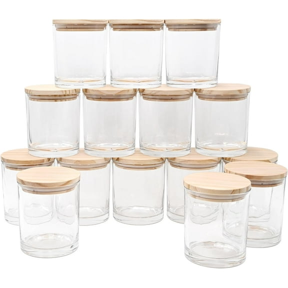 10 OZ Thick Candle Jars for Making Candles 15 Pcs, Empty Jars with Wood Lids for Candle Making, Sample Container - Dishwasher Safe, Clear