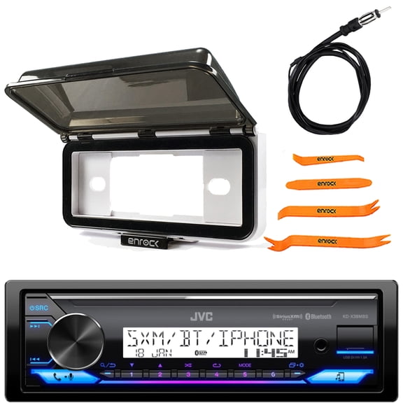 JVC KD-X38MBS Single DIN Marine Motorsports Bluetooth USB/AUX LED Illumination AM/FM SiriusXM Ready Stereo Receiver, White Receiver Dash Kit Cover Protector, Antenna, 4-Piece Removal Pry Tool Set