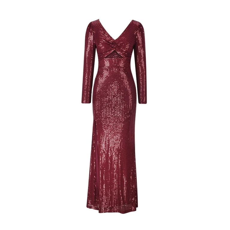 jsaierl Sequin Dress for Women Long Sleeve V-Neck Maxi Dresses Sexy Bodycon  Side Split Formal Prom Dress Evening Party Club Date Night Sparkly Dress -  Walmart.com