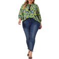 thumbnail image 2 of Agnes Orinda Women's Plus Size Self Tie Neck 3/4 Sleeves Floral Colorful Blouse 3X Yellow, 2 of 6