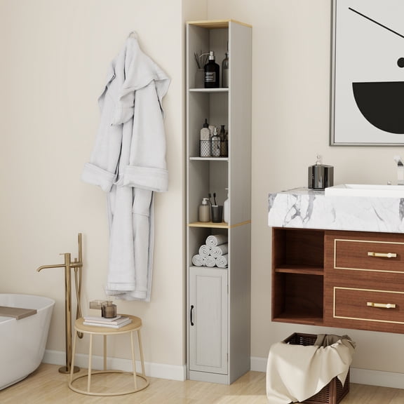 72" Tall Slim Storage Cabinet, 6-Tier Narrow Freestanding Bathroom Cabinet with 1 Door and 2 Adjustable Shelves, Bookcase Display Storage Shelves for Living Room Bedroom, Antique White