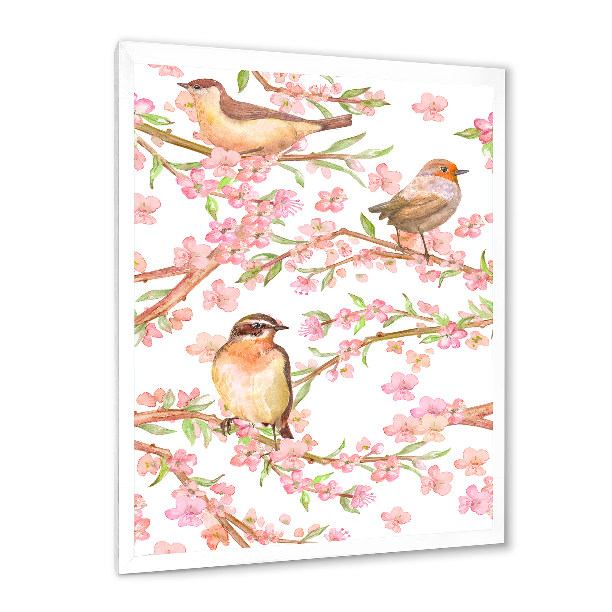 Lovely Birds On Branches Of Flowering Almond 24 in x 32 in Framed Painting Canvas Art Print, by Designart