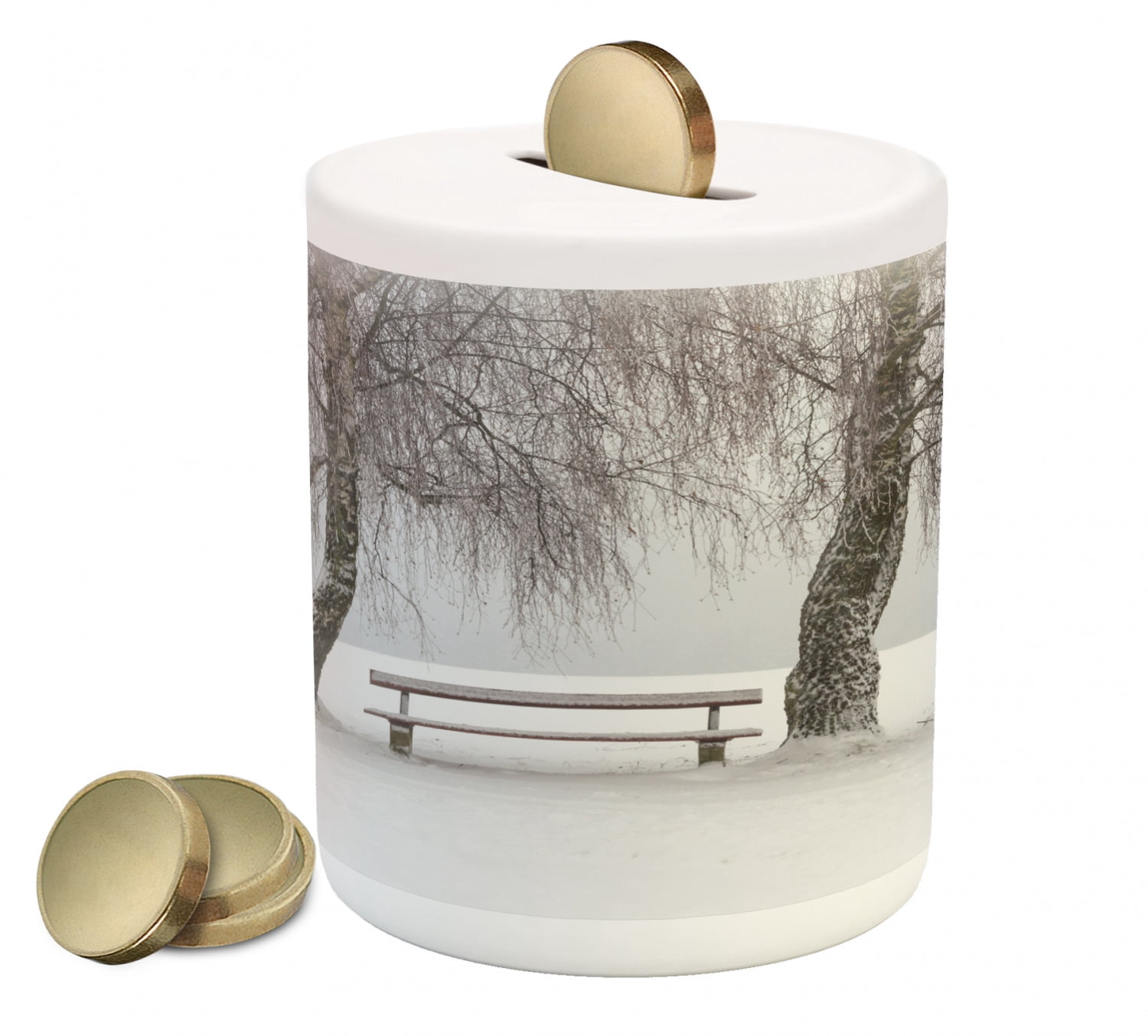 Tree Piggy Bank, Bench in the Snow Between Trees Winter Theme Picture ...