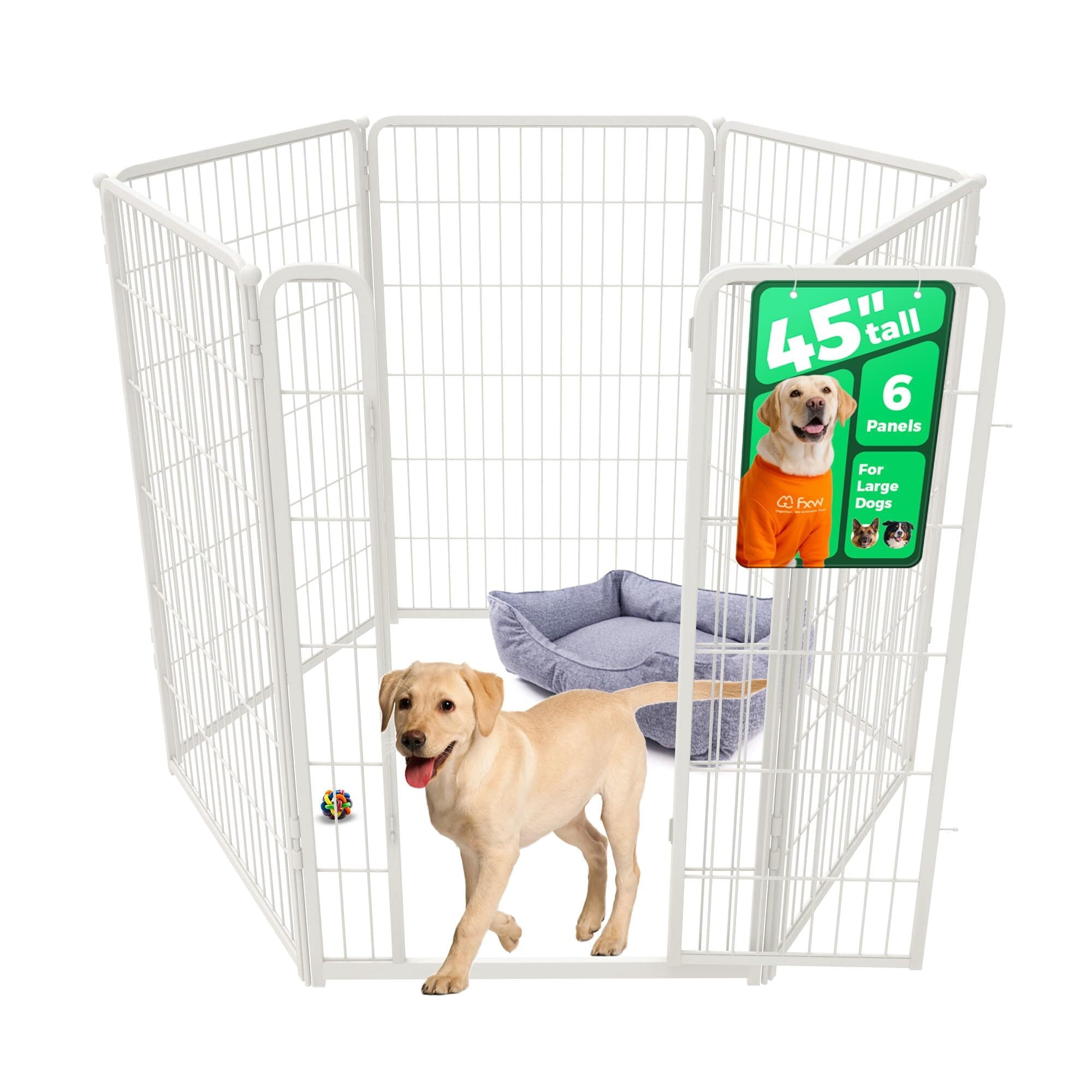 FXW Homeplus Unleashed Indoor Dog Playpen - Stress-Free and Safe Play Heavy Duty 45 Inch 6 Panels Dog Pen for Large Dogs White│Patented