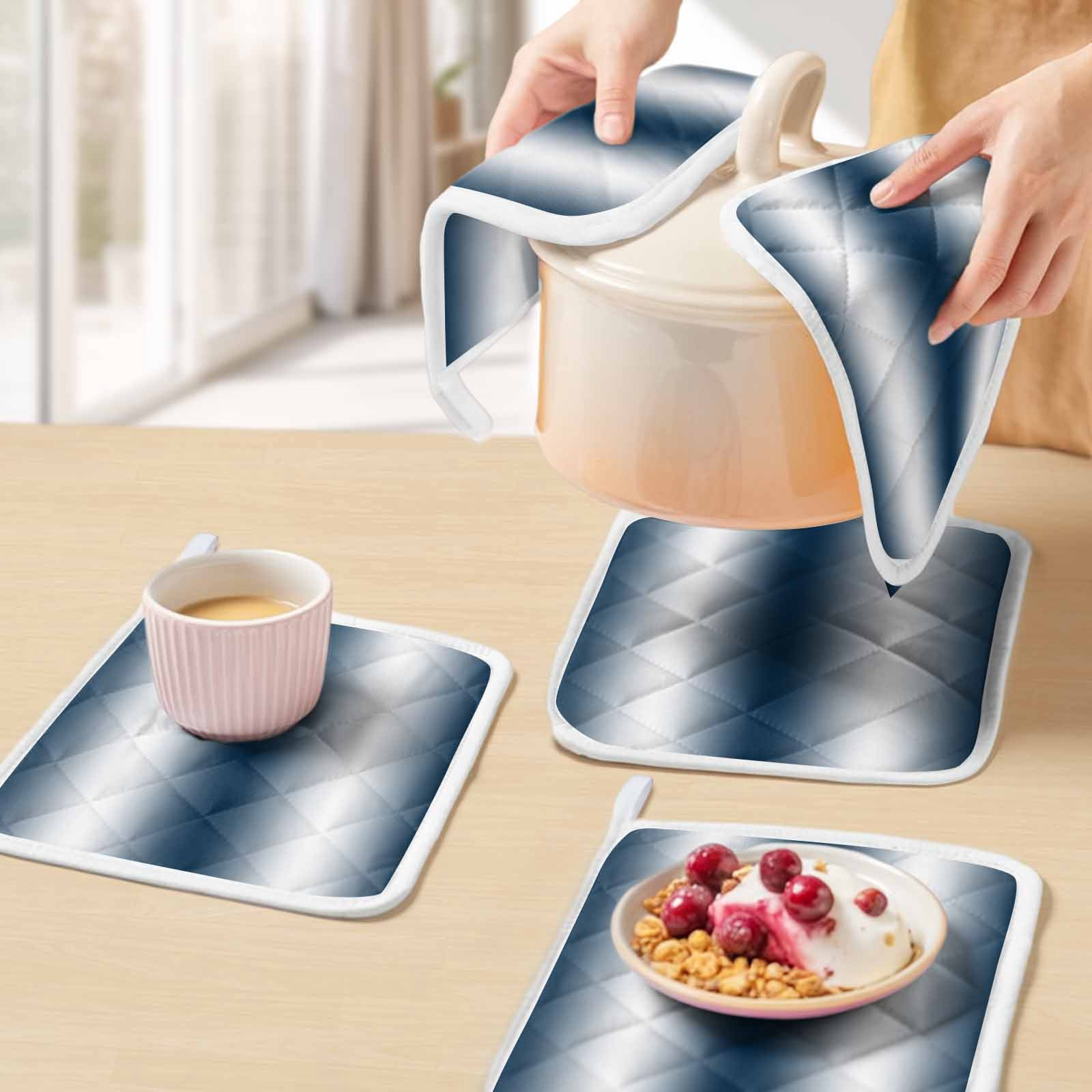 Ombre Dark Blue Pot Holders for Kitchen Heatproof Potholder, 3 Pack Gradient White Abstract Minimalist Stripe Hot Pads Multipurpose Oven Pads Cloth Potholders Trivet for Cooking Baking
