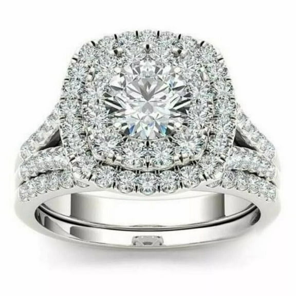 Double Halo Split Shank Bridal Set Engagement Ring For Women's 2.1 Ct Diamond 14K White Gold Over