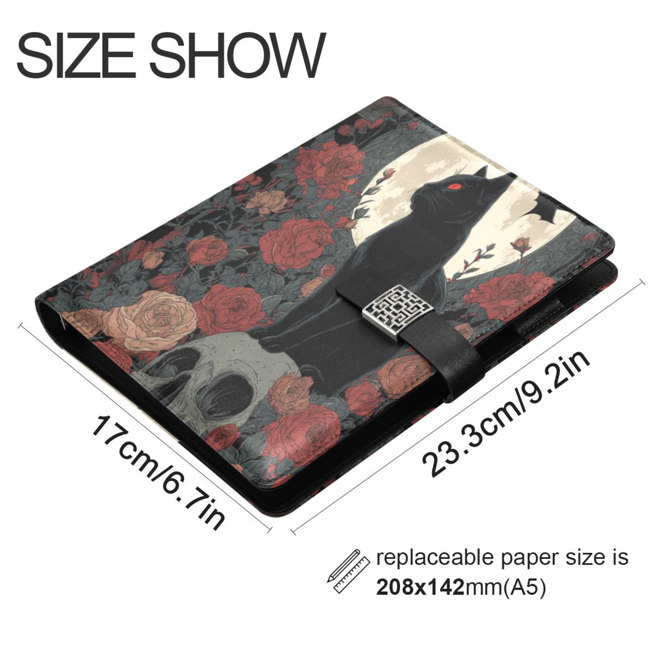 Leather Planner Leather Notebook Notebook Journal Binder Design Pen Pocket Design Convenient for Storage Black Cat Skull Art