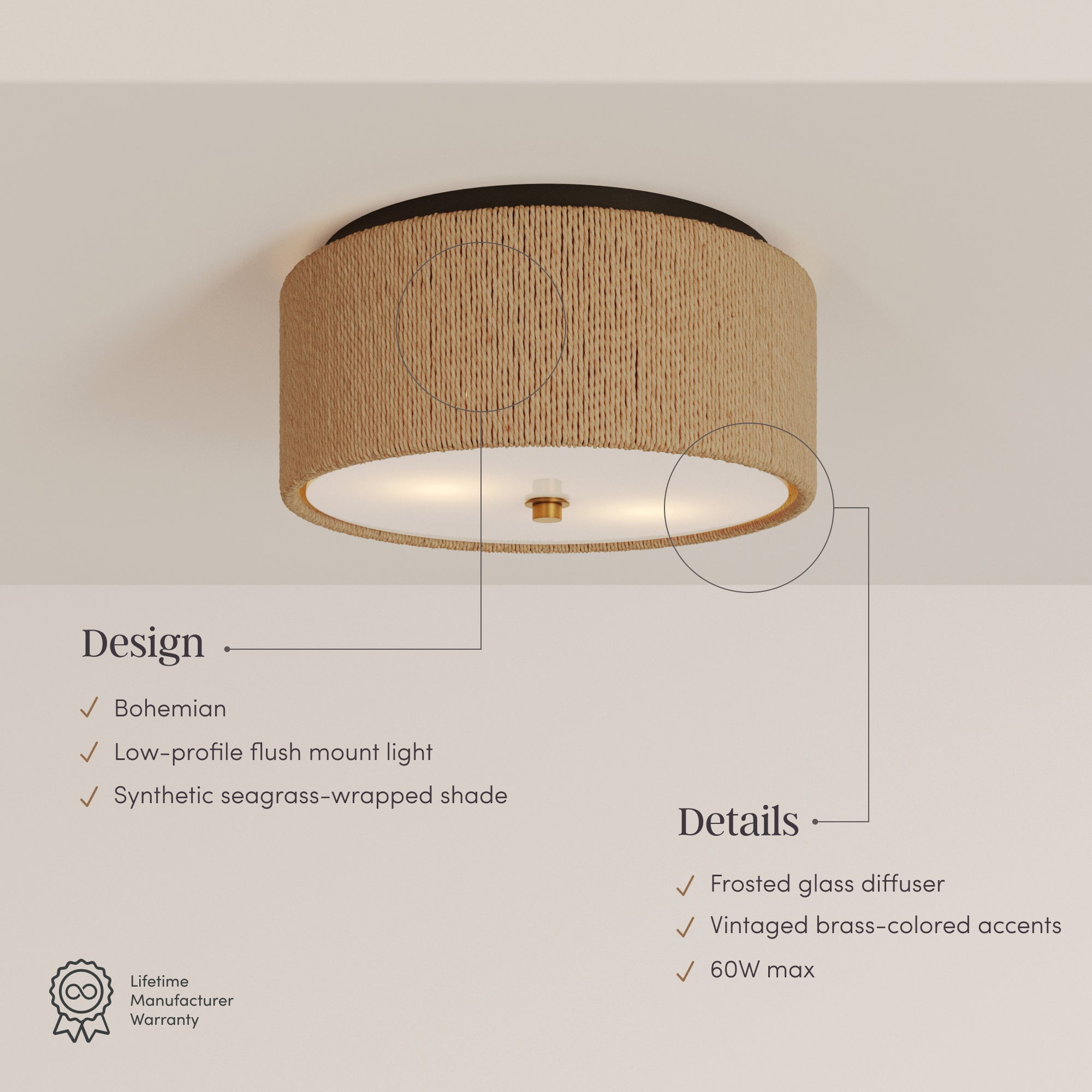 Nathan James Juluca Boho Light Fixture, Flush Mount Ceiling Light with Frosted Glass Diffuser, Rustic Boho Ceiling Light with Seagrass Shade