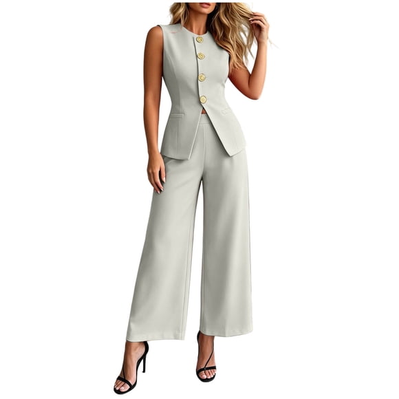 Timegard Women's 2 Piece Summer Outfits Button down Slim Tank Dressy Casual Loose Wide Leg Suit Pants Work Sets,White,L