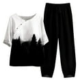 thumbnail image 2 of Ladies Five Sleeve Printed Blouse Pants Two Piece Suit, Black M, 2 of 3