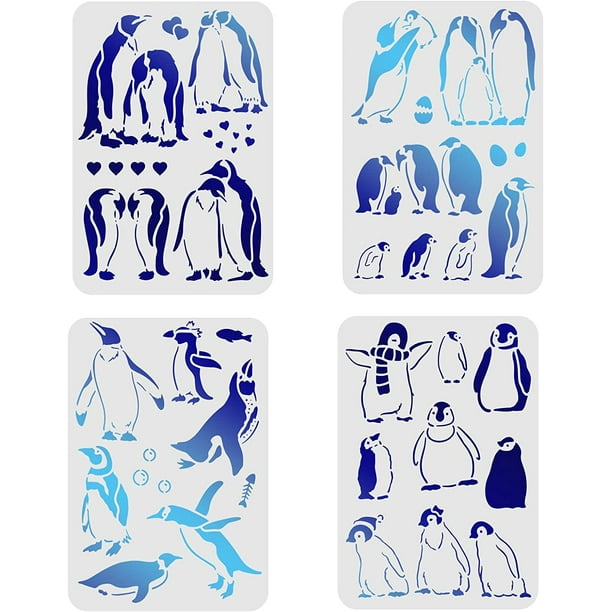 4 plantillas de pingüinos de 29,7 x 21 cm (11,7 x 8,3 pulgadas). Plantillas de plástico con diseño de pingüinos antárticos. Ideales para dibujar, pintar y crear manualidades. Plantillas reutilizables.
