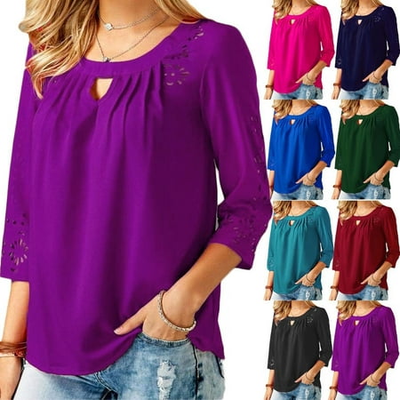 Women Casual 3/4 Sleeve Tops Sexy Round Neck Hollow Out Lace Shirts Ladies Fashion Solid Color Loose Pleated T-shirts Pullover Chiffon Blouse Plus Size