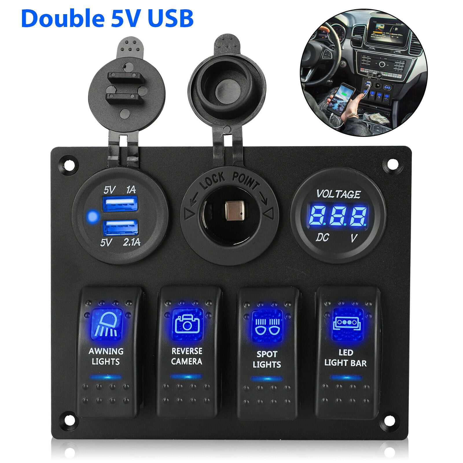 12-24V 4 Gang Toggle Blue LED Rocker Switch Panel Circuit Breaker Waterproof for Car Marine Boat