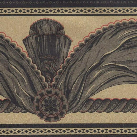 Dundee Deco Peel and Stick Self Adhesive Wallpaper Border - Faux Charcoal Black Curtains on Dark Yellow, 33 ft x 4 in