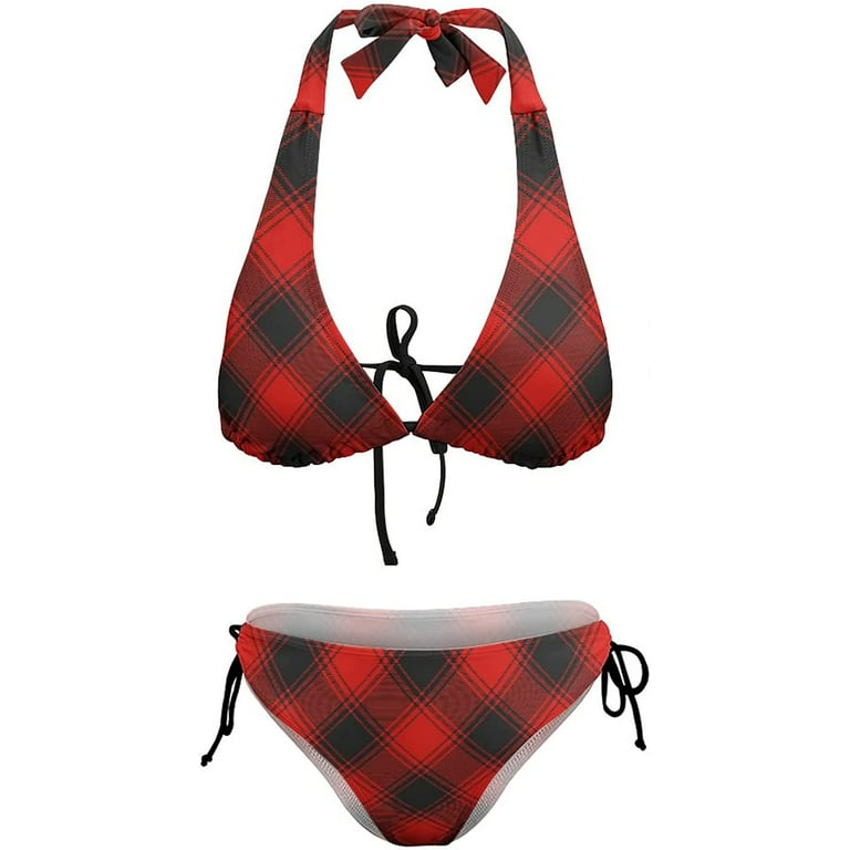 Red Black Buffalo Plaid Women Halter String Triangle Bikini Sets Two Piece  Sexy Swimsuit Tankini Swimwear