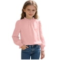 thumbnail image 5 of BFHHYA Girls Puff Long Sleeve Shirts Dots Print Ruffle Crewneck Tops Teen Fashion Solid Basic Tee for Girls Size 5-14 Years, 5 of 5