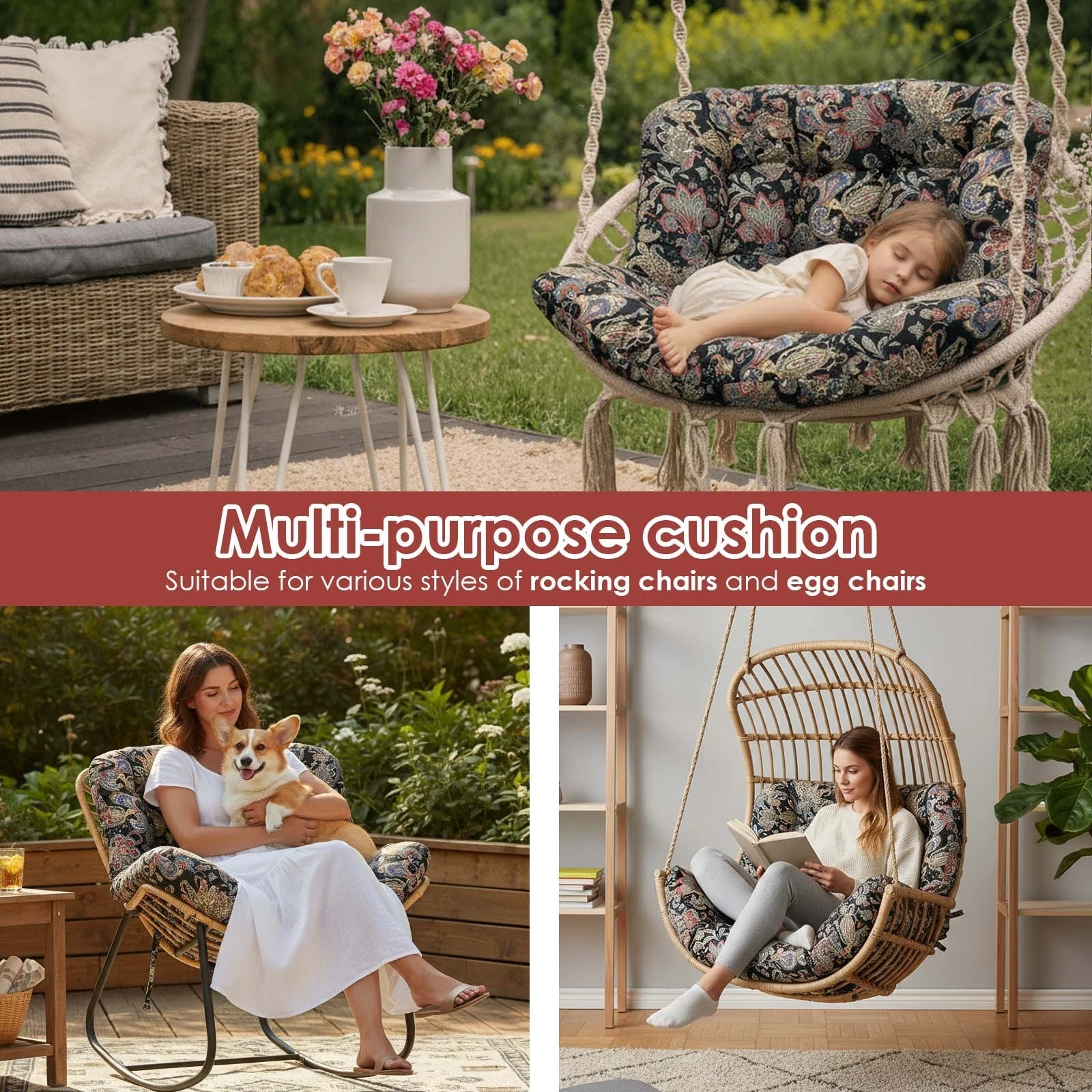 TOPCHANCES Egg Chair Cushion Only, Water-Resistant Outdoor Rocking Chair Cushion, Thick Papasan Seat Cushion with Ties for Patio, Porch, Balcony, Garden (Ethnic Style)