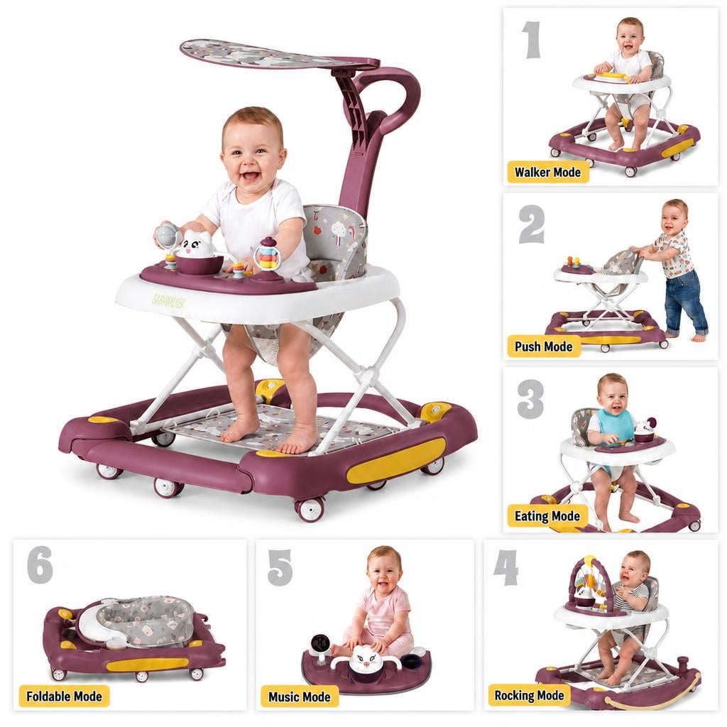 SHIBAILI 6-in-1 Activity Walker & Table - Multi-Function Center,Bouncer,Tray & Music,Red (6+ Months)