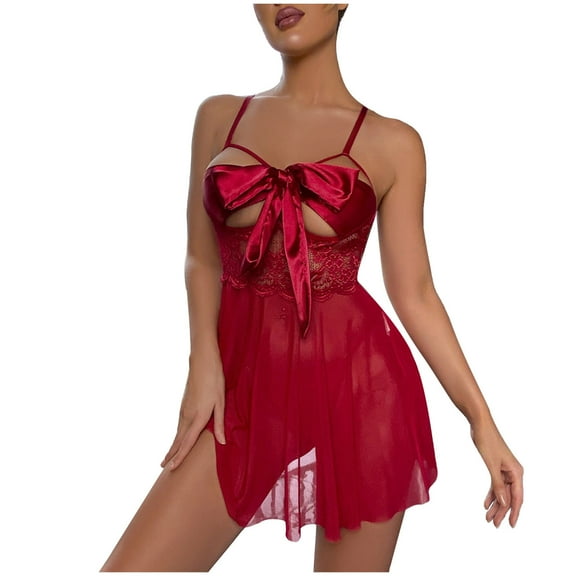 Women's Lace Trim Nightdress Bow Tie Mesh Lace Erotic Suspender Nightgown Fashion V-Neck Erotic Lingerie