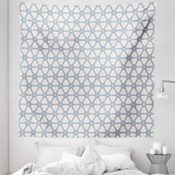 Abstract Tapestry, Geometric Hexagonal Shapes with Swirly Circles Victorian Classic Design, Fabric Wall Hanging Decor for Bedroom Living Room Dorm, 5 Sizes, Slate Blue and Beige, by Ambesonne