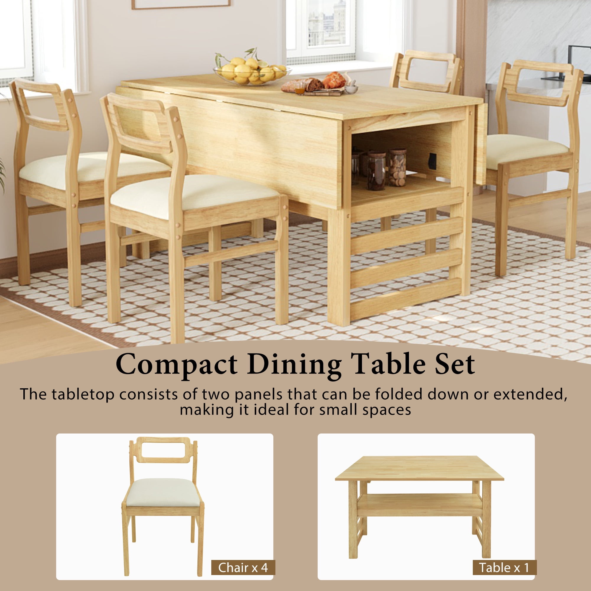EUROCO Extendable Dining Table Set for 4, 5-Piece 47.2" Solid Wood Foldable Table with 2 11.8" Drop Leaves,Storage Shelf and 4 Upholstered Chairs, Square Kitchen Table Set for Small Space,Natural