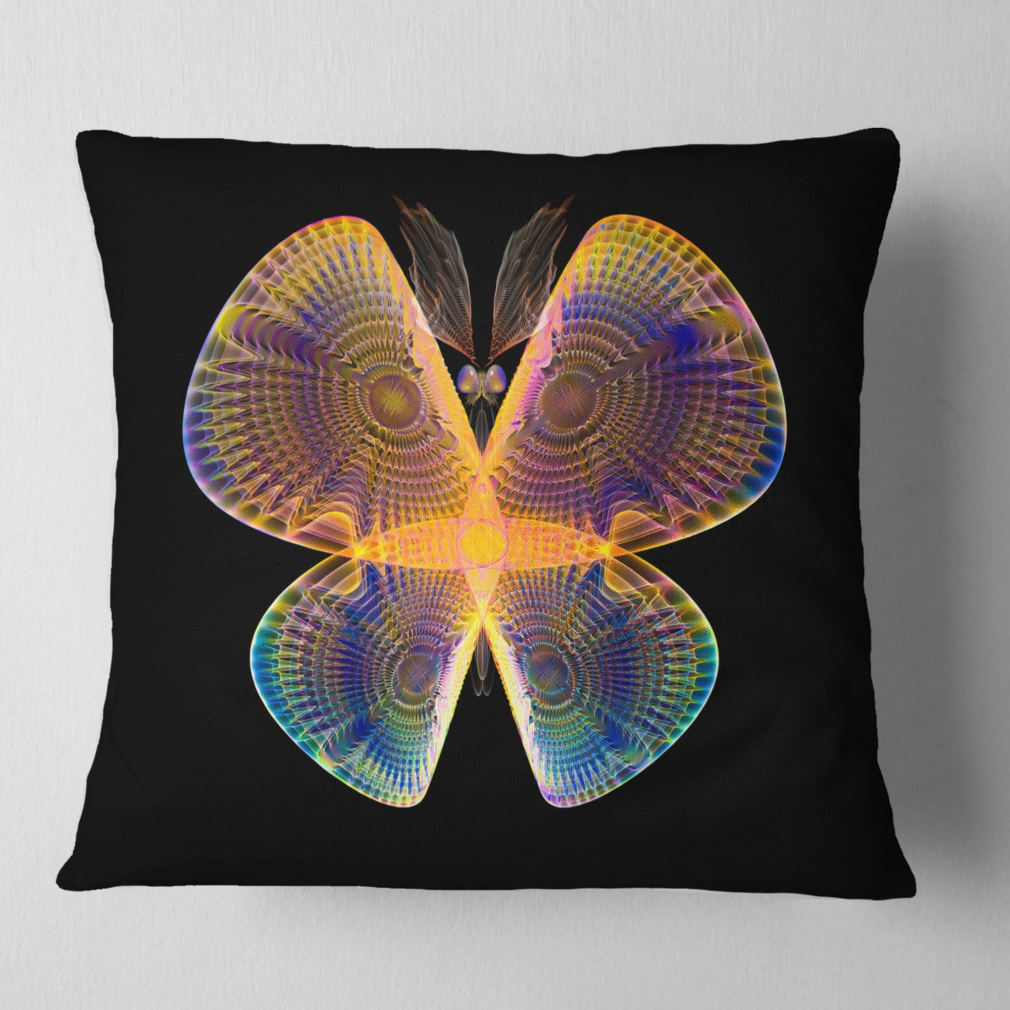 Designart Blue Yellow Fractal Butterfly in Dark - Abstract Throw Pillow - 16x16