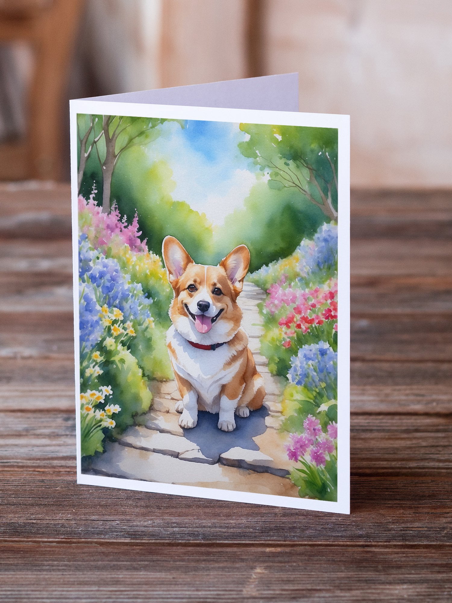Corgi Spring Path Greeting Cards Pack of 8 7 in x 5 in