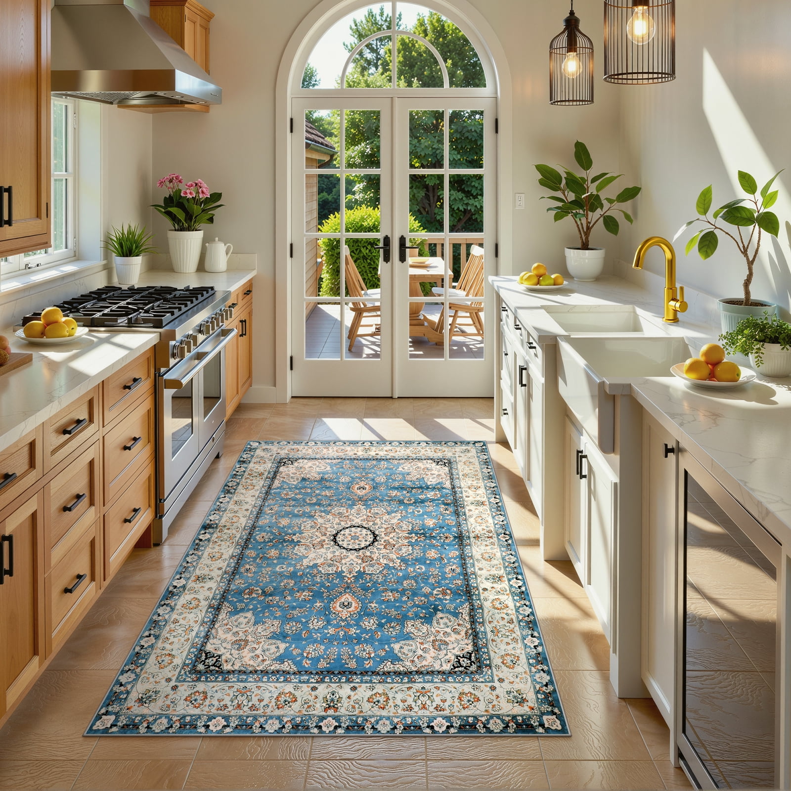 Wonnitar Boho Tribal 4'x6' Area Rug for Living Room, Washable Rug for Bedroom Vintage Oriental Accent Rug for Dinning Room Office Non Ship Low Pile Stain Resistant, Light Blue