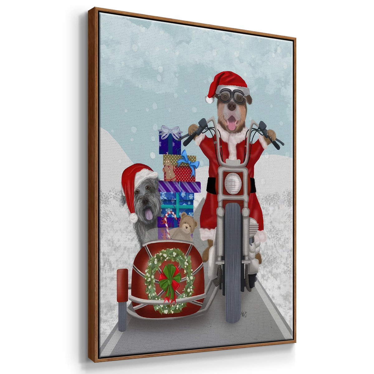 Christmas Mutts Christmas Chopper - Framed Gallery Wrapped Holiday Canvas - 25 x 37 - Rosewood Frame