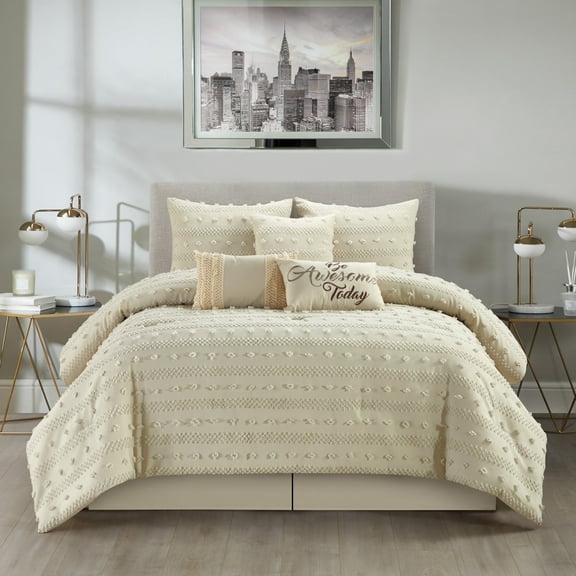 Lanco Awesome Stripes 7 Piece Comforter Set Taupe, Bed Size King, Fill Polyester, Solid Color