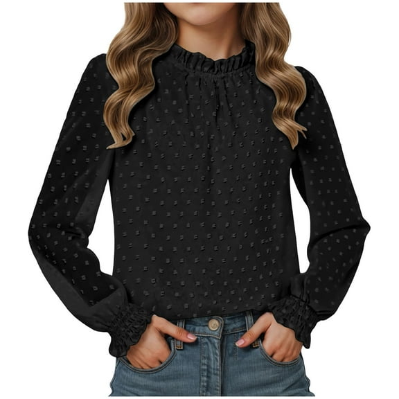 UAYOTSE Girl's Dressy Ruffle Chiffon Jacquard Blouses Long Sleeve Teens Crewneck Loose Tunic Tops Casual Solid Tshirts(R130-Black,12-13 Years)