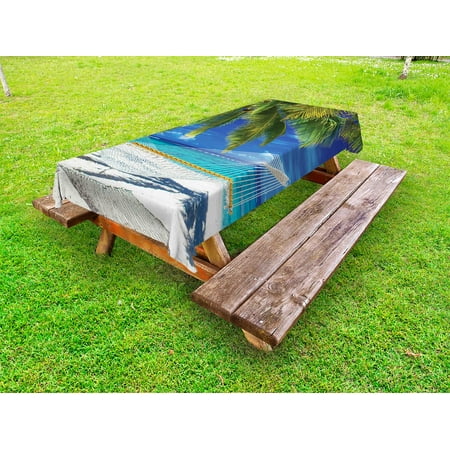 Hammock Table Beach Outdoor Tablecloth, Hammock on the Sandy Beach between Palm Coconut Overlooking Sea Nature Art, Decorative Washable Fabric Picnic Tablecloth, 58 X 104 Inches, Cream Navy Green, by Ambesonne ()