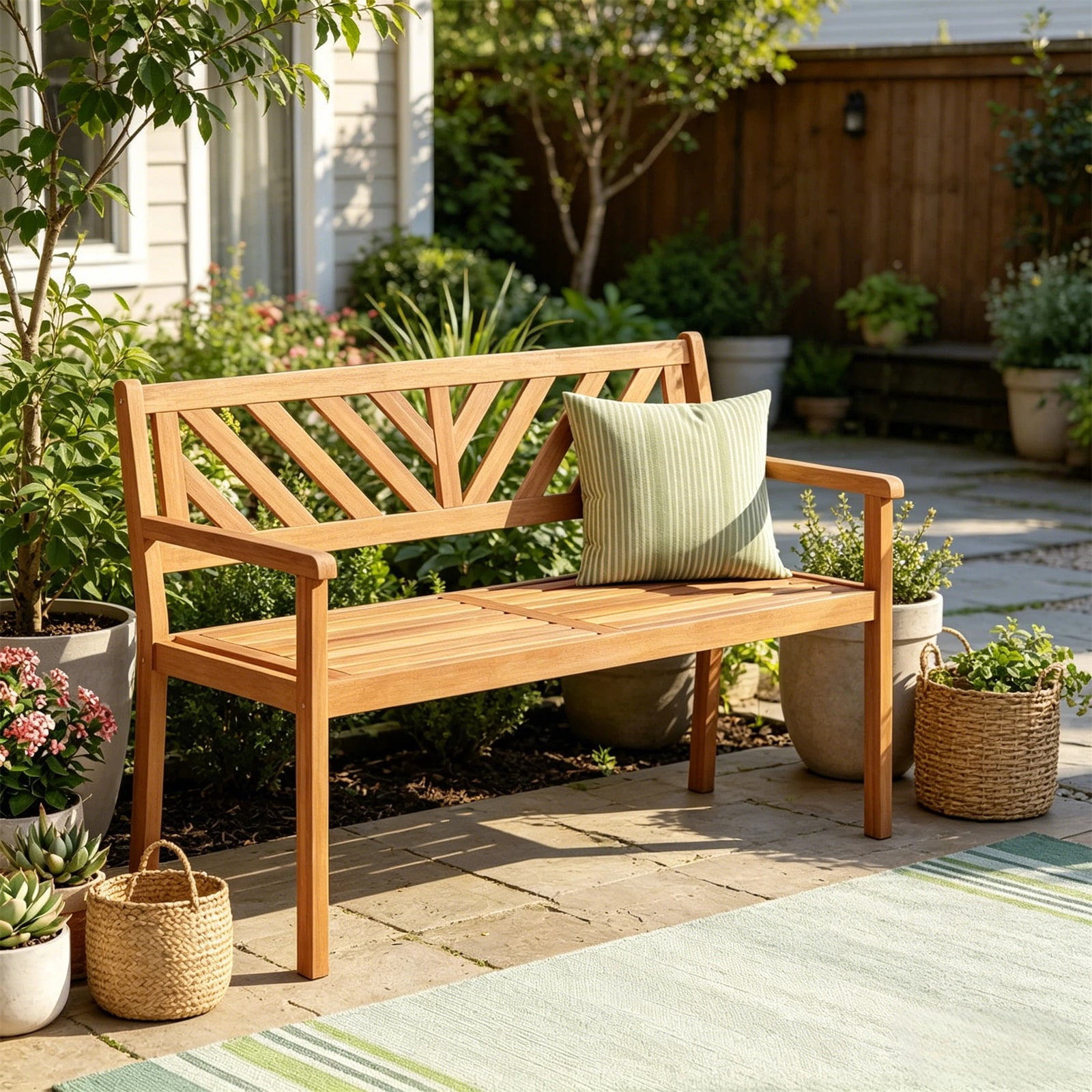 Hommoo 2-Person Patio Wooden Bench, Garden Slatted Loveseat Chair Bench Lounge with Armrests and Backrest for Backyard, Natural