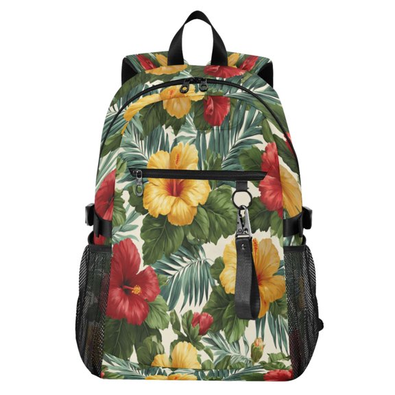 Full‑Print Casual Laptop Backpack, 20L Water‑Resistant Twill Tote Daypack with 14 Inch Computer Compartment for School Business Travel Hawaiian Flower Palm Leaves