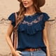thumbnail image 2 of Blusa azul oscuro con volantes, cuello redondo, mangas cortas, detalle de encaje, top casual para mujer, talla L Summer Chic, 2 of 6