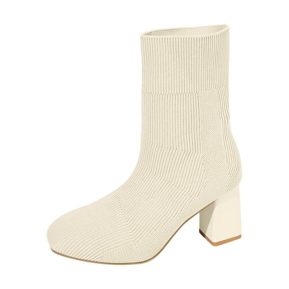 Xiaoxatg Women's Mid-Calf Boots Classic Round Head Design with Thick Sole for Casual and Travel Use 6 Beige