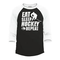 Shop4Ever Men's Eat Sleep Hockey Repeat  Raglan Baseball Shirt Large Black/White