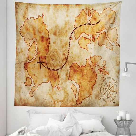 Cream Tapestry, Distressed Grunge World Map Wind Rose Compass Pattern Treasure Map Picture, Fabric Wall Hanging Decor for Bedroom Living Room Dorm, 5 Sizes, Cream, by Ambesonne