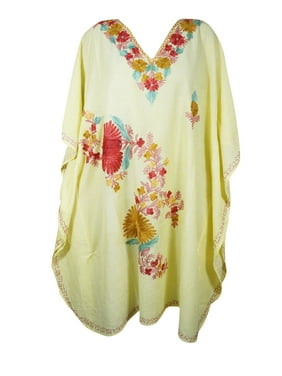 Mogul Women Floral Embroidery Caftan Dress V-Neck Kimono Resort Wear Mid Length Cover Up Kaftan Dresses 2XL