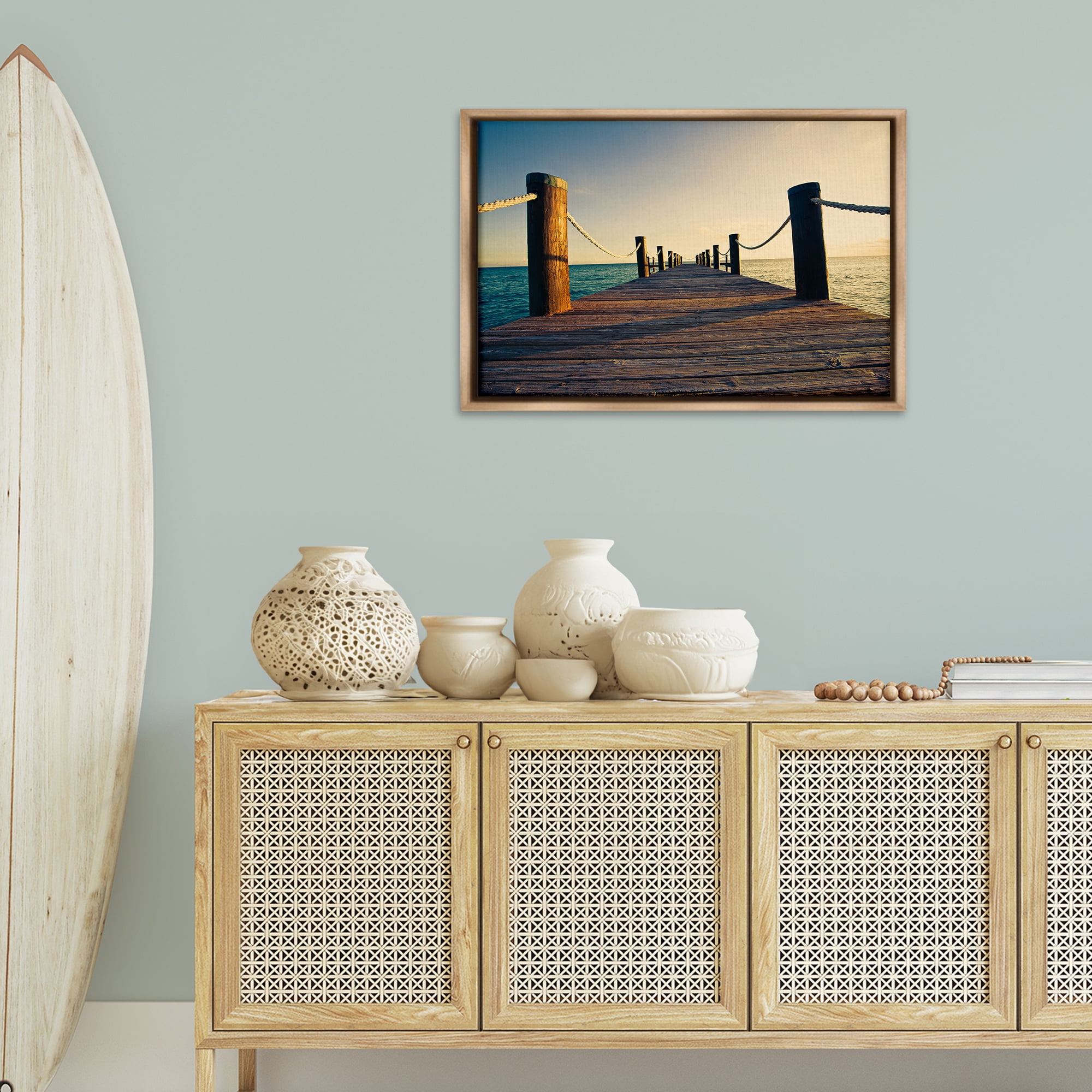 Stupell Industries Summer Coastal Dock Coastal Photography Brown Floater Framed Canvas Art Print Wall Art, 31 x 21
