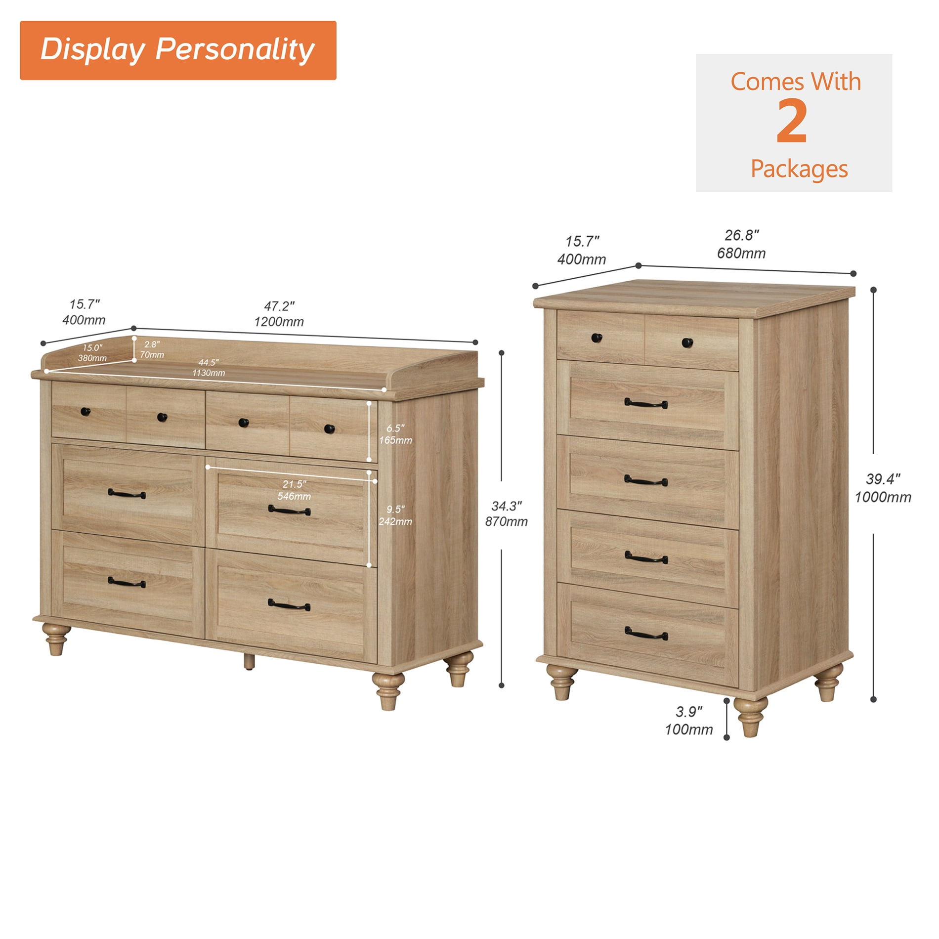 2 Piece Dresser Set, 6 Drawer Dresser & 5 Drawer Dresser, Wooden Storage Organizer for Bedroom Living Room, Oak