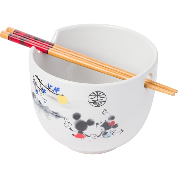 Disney Mickey and Minnie Ceramic Ramen Noodle Rice Bowl with Chopsticks, 20 Ounces
