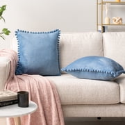 PAVILIA Dusty Blue Throw Pillow Covers with Pom Pom 18x18 Set of 2, Decorative Pillow Cases for Bedroom Aesthetic, Small Throw Pillows Set for Bed, Velvet Euro Plush Cushion Covers for Sofa Couch