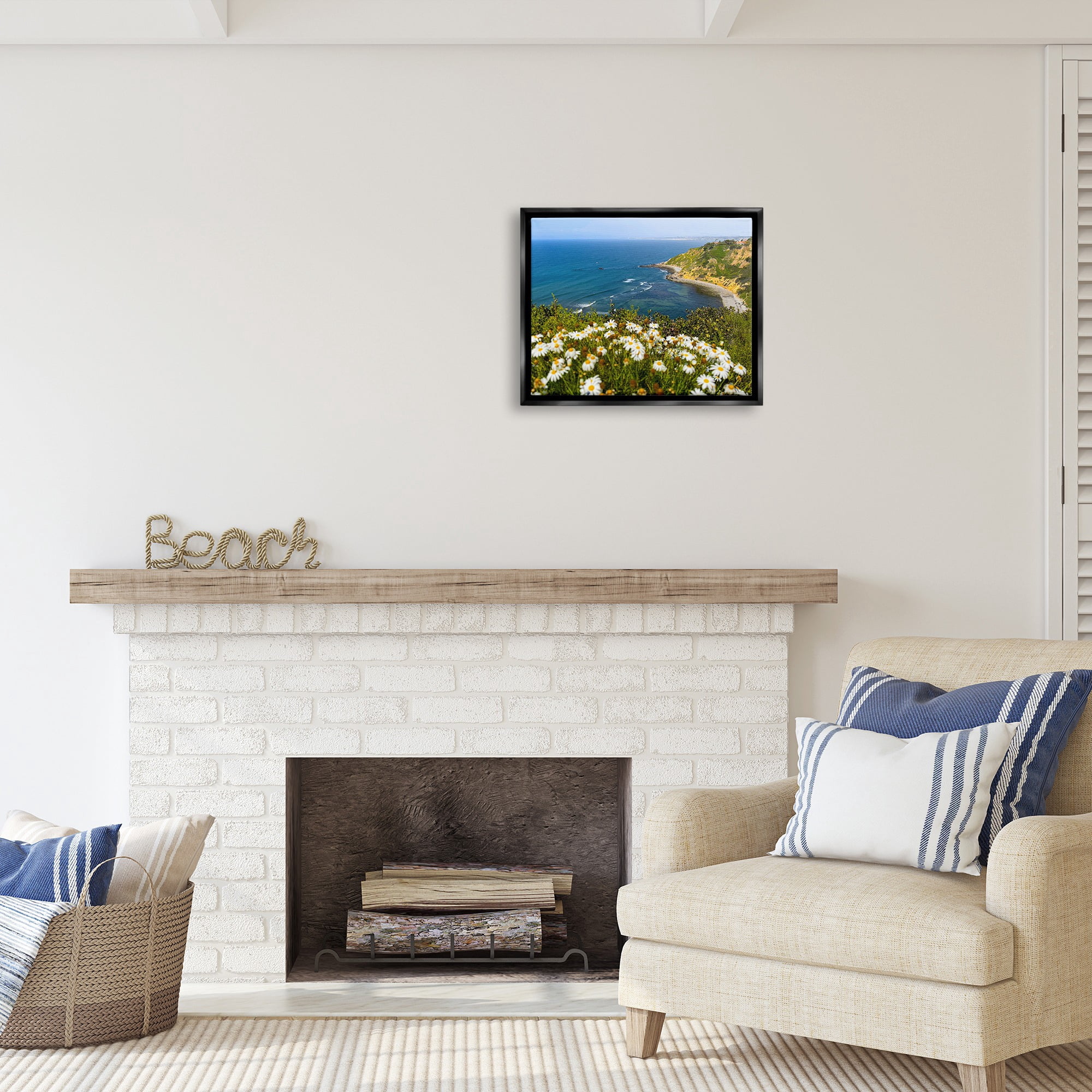 Stupell Industries Meadow over Ocean Tide Landscape Photography Black Floater Framed Canvas Art Print Wall Art, 21 x 17