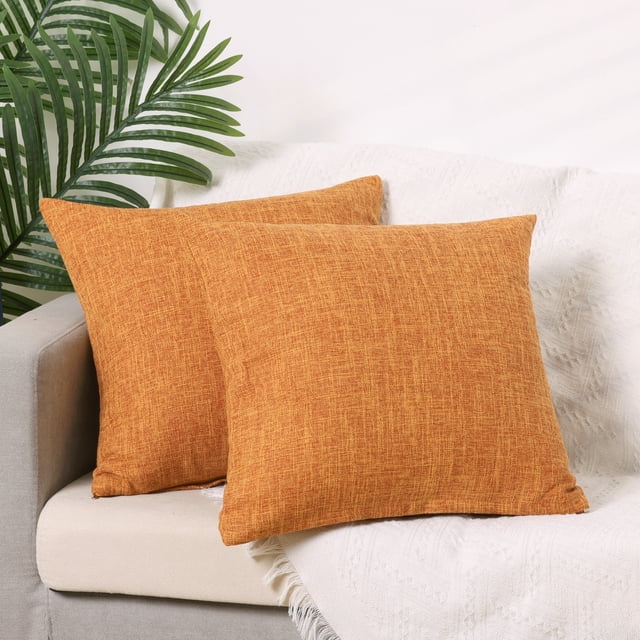 Funda de cojín decorativa de lino tejido de granja, juego de 2 fundas de cojín cuadradas rústicas para sofá en casa, color naranja, 16" x 16"