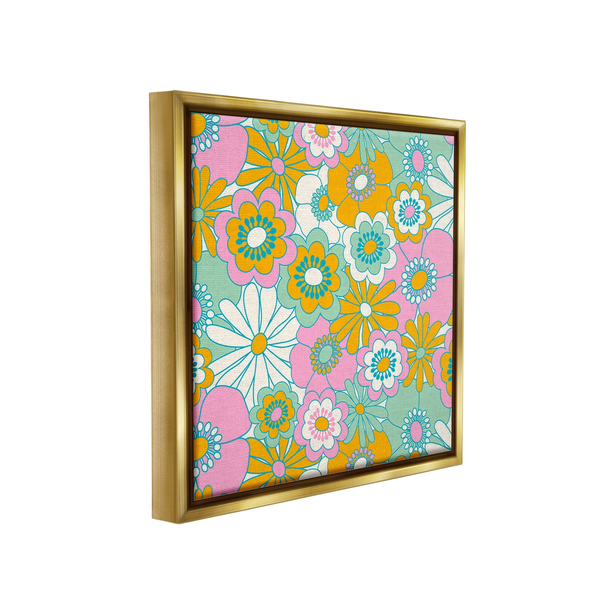 Stupell Industries Groovy Flower Pattern Botanical & Floral Painting Gold Floater Framed Canvas Art Print Wall Art, 18 x 18
